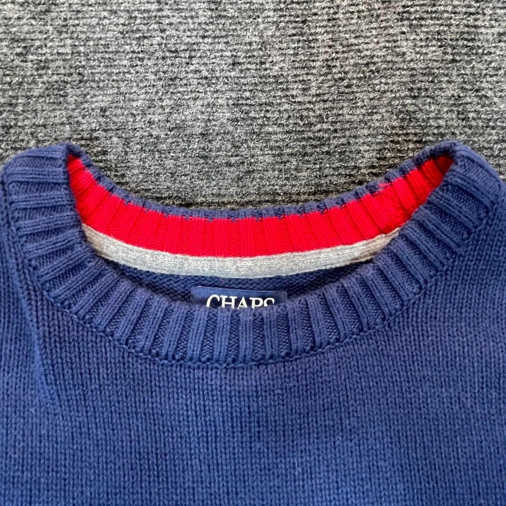 Chaps Crewneck Sweater Boys L 14/16 Blue Cotton Knit Nautical Preppy School Logo
